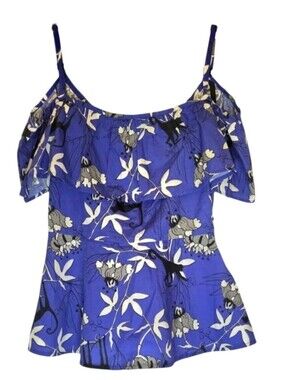 Markus Lupfer Blue Floral Ruffle Cold Shoulder Top Size XS